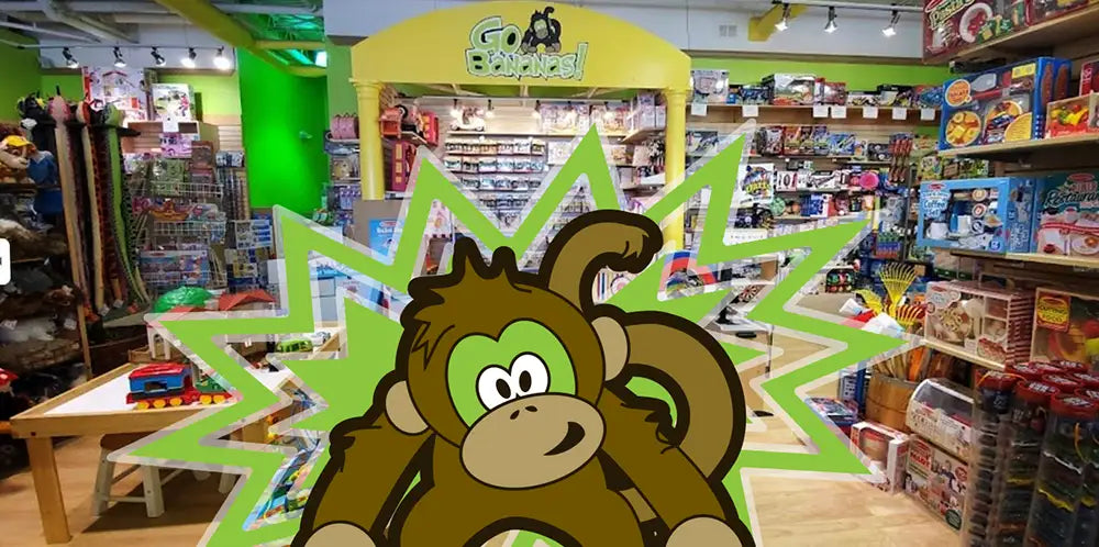 Monkey cartoon in front of store shelves.