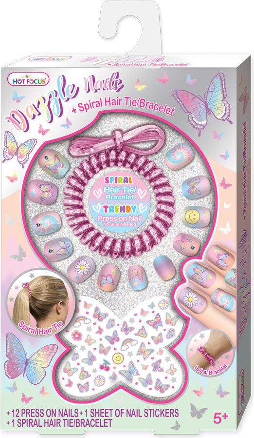 Dazzle Nails + Spiral Hair Tie/Bracelet, Tie Dye Butterfly